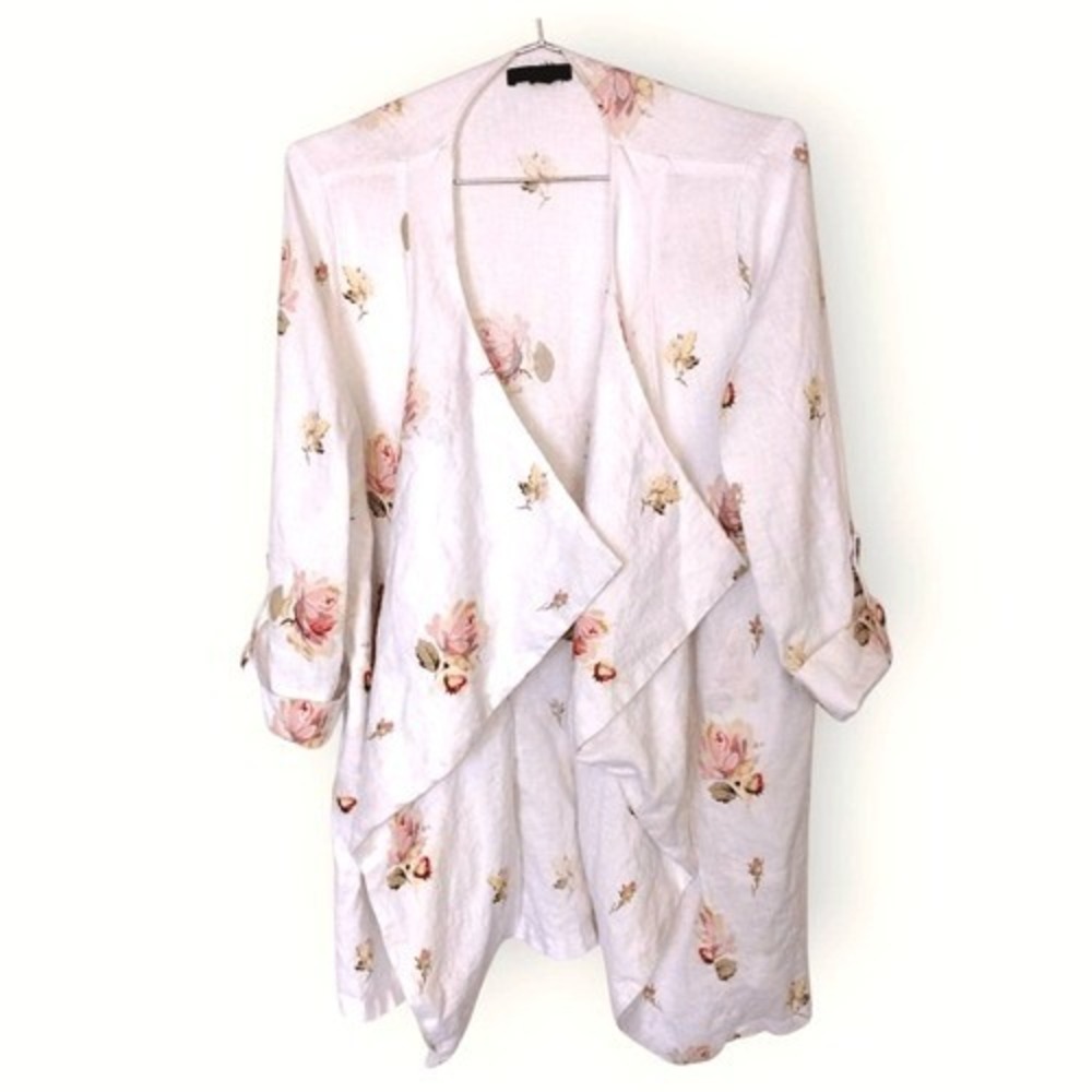 For Cynthia Womens Jacket Sz Small White Pink Floral  Linen Lagenlook Oversized